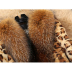 Mid-length Leopard Print  Raccoon Fur Collar Coat