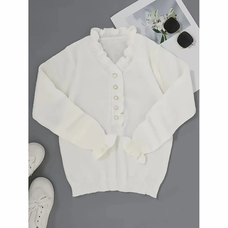 Women's Long Sleeve Ruffle Sweaters V Neck Lightweight Knitted Pullover Sweater Tops