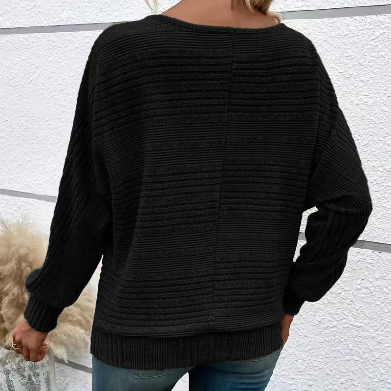 Women's Elegant Batwing Sleeve Half-Zip Top, Ribbed Texture Pullover For Casual To Formal Autumn Winter Wear