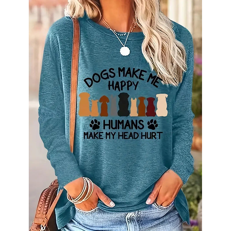 Women's Dog & Letter Print Crew Neck Sweatshirt, Casual Long Sleeve T-Shirt For Spring & Fall
