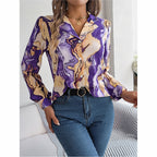 Women Fashion Button Down Shirts V Neck Printed Long Sleeve Blouses Dressy Casual Fall Tops