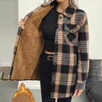 Women's Plaid Fleece Lined Jacket, Thickened Lapel Collar Long Sleeve Coat With Chest Pocket
