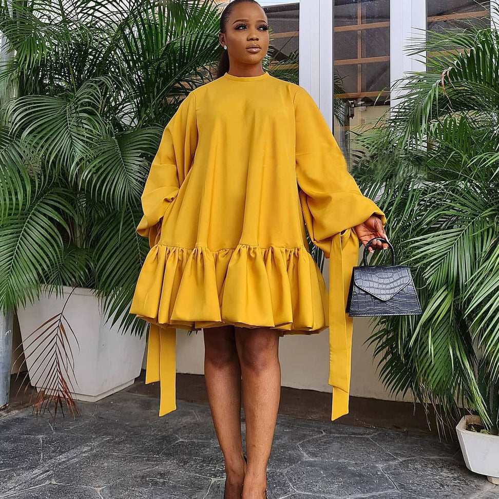 Women's Loose Solid Color Puff Sleeve Dress