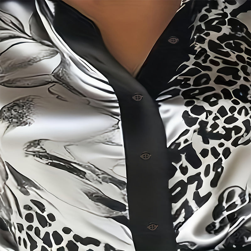 Elegant Women's Printed Satin Shirt - Lapel Collar Long Sleeve Button Down Blouse With Flowy Design