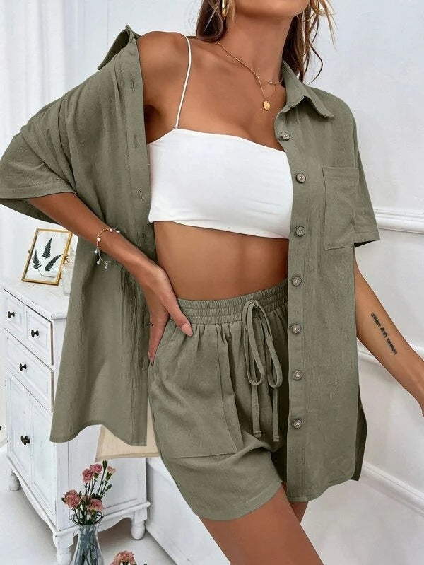 Women's Fashion Shorts Two Pieces Solid Color Shirt Suit