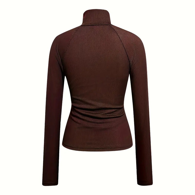 Women's Solid Color Ribbed Turtleneck Top, Half-Zip Long Sleeve Knit Shirt For Autumn