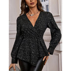 Womens Sparkly Tops Shiny Long Sleeve Ruched Asymmetrical Hem Sparkle Blouses Cocktail Party Evening Shirts