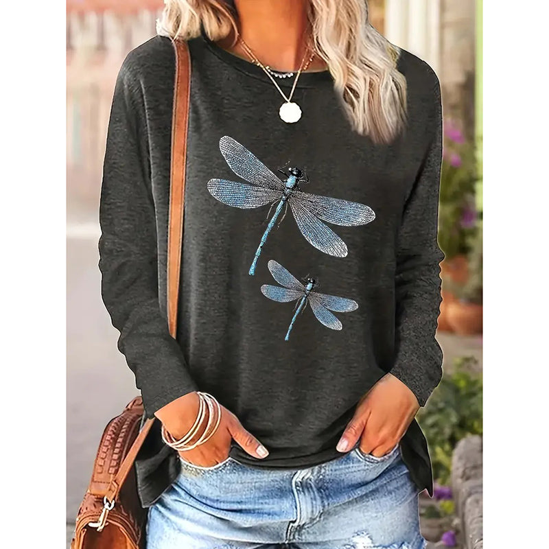 Women's Dragonfly Print Crew Neck T-Shirt, Casual Long Sleeve Top For Spring & Fall
