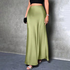 Women's Elegant Satin High Waist Flared Midi Skirt Cocktail Party Wedding Long Skirt