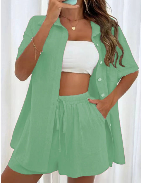 Women's Fashion Shorts Two Pieces Solid Color Shirt Suit