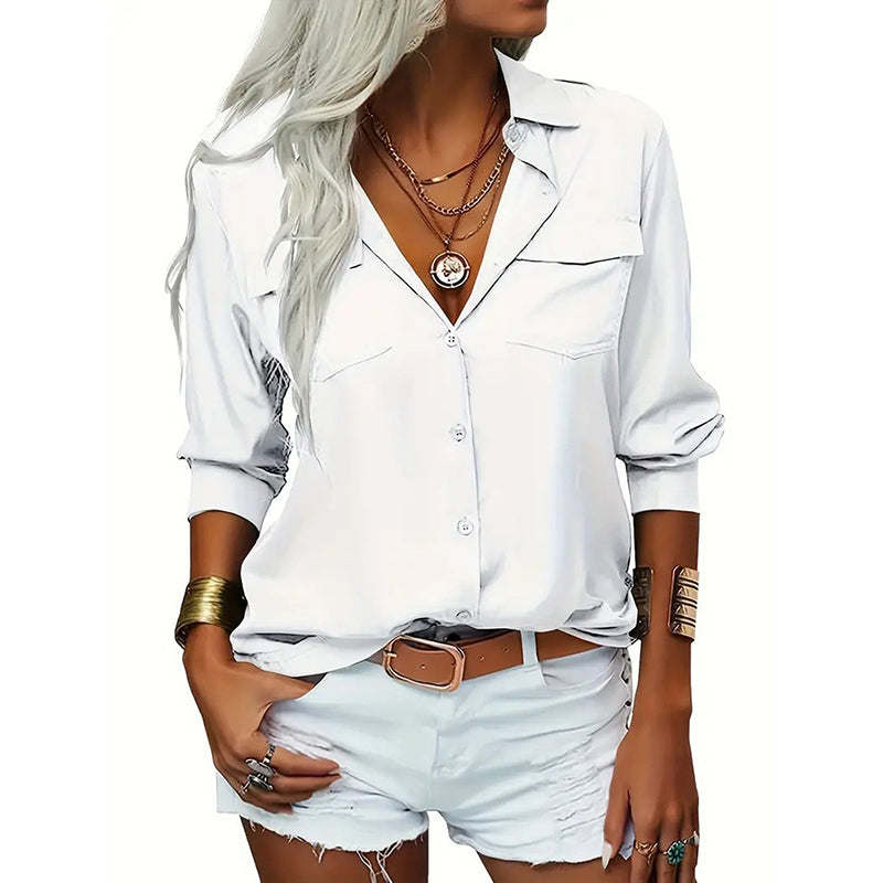 Women's Solid Color Lapel Long Sleeve Shirt Classic Button-Down Blouse With Chest Pocket For Spring And Fall