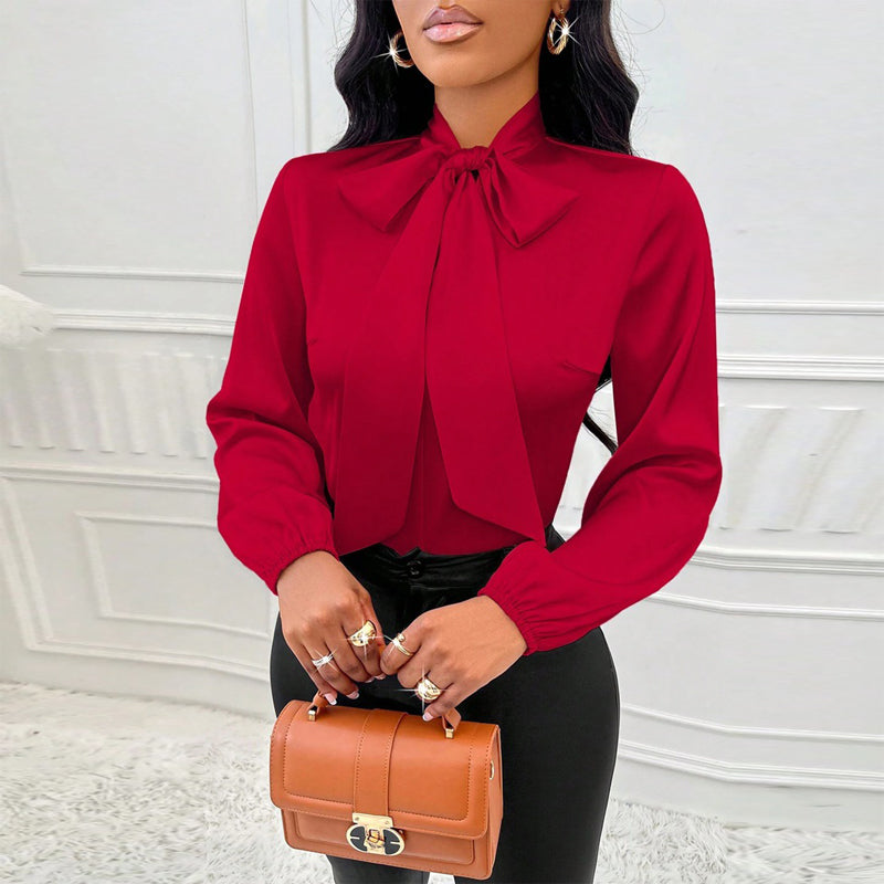 Women's Elegant Satin Blouse With Tie Neck, Ruffle Detail Long Sleeve Pullover For Spring And Fall Formal Wear
