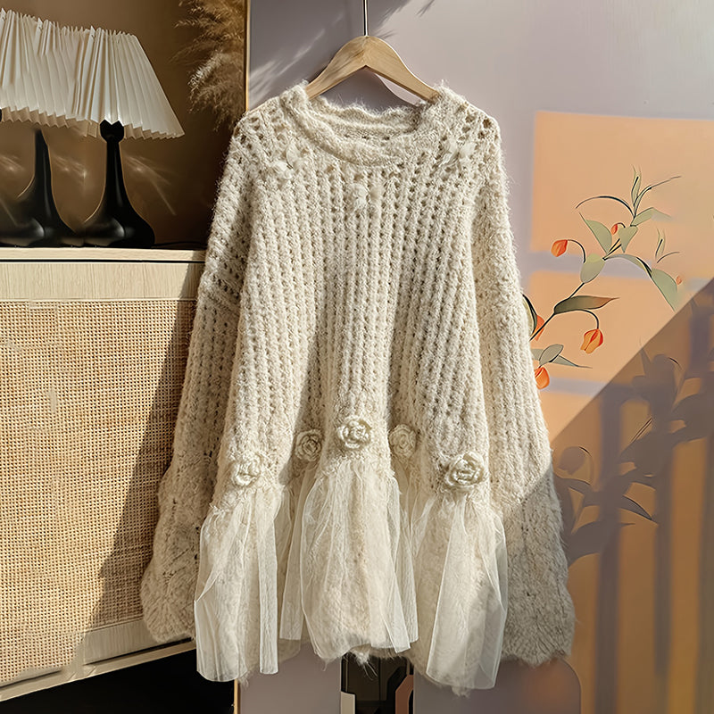 Plus Size Women's Solid Color Round Neck Long Sleeve Sweater Elegant Loose Fit With 3D Flowers And Lace Decoration