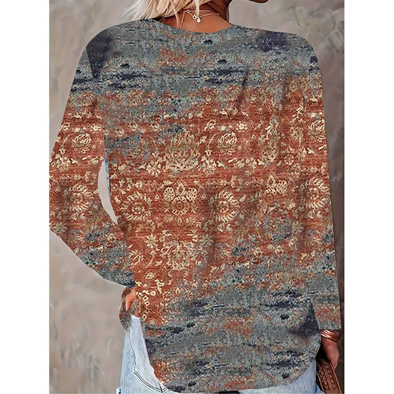 Women's Fashion Allover Print Long Sleeve T-Shirt, Soft Crew Neck Casual Tee