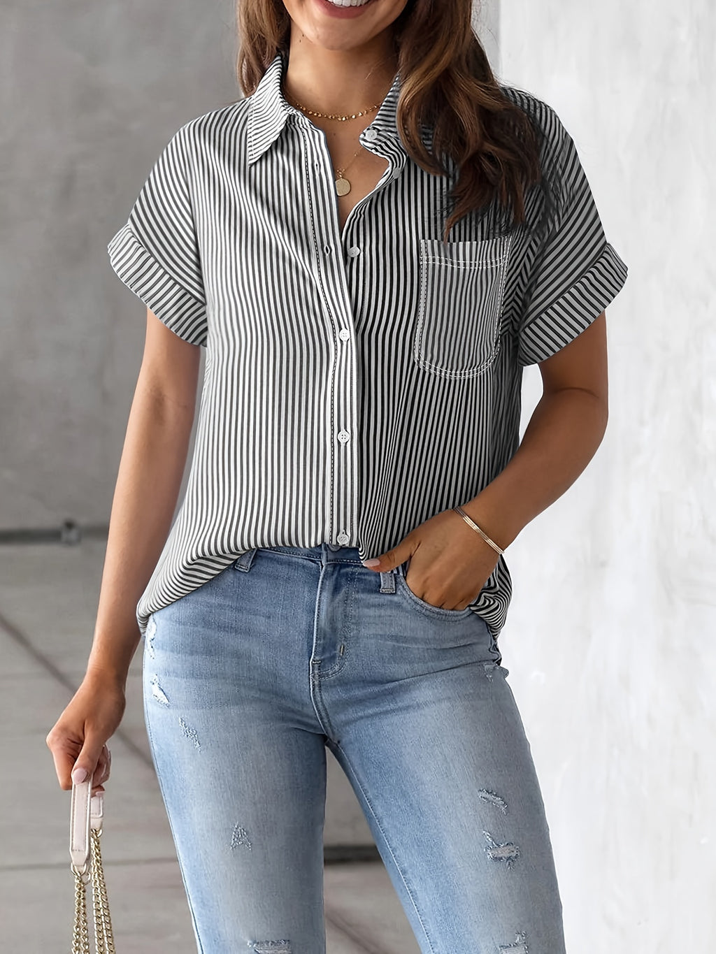 Elegant Plus Size Striped Blouse With Pocket - Casual Short Sleeve, Button-Up Collared Shirt For Women
