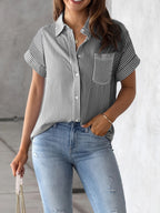 Elegant Plus Size Striped Blouse With Pocket - Casual Short Sleeve, Button-Up Collared Shirt For Women