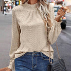 Women's Textured Blouse - Elegant Eyelet Ruffle Collar Long Sleeve Shirt, Dressy Casual Work Top