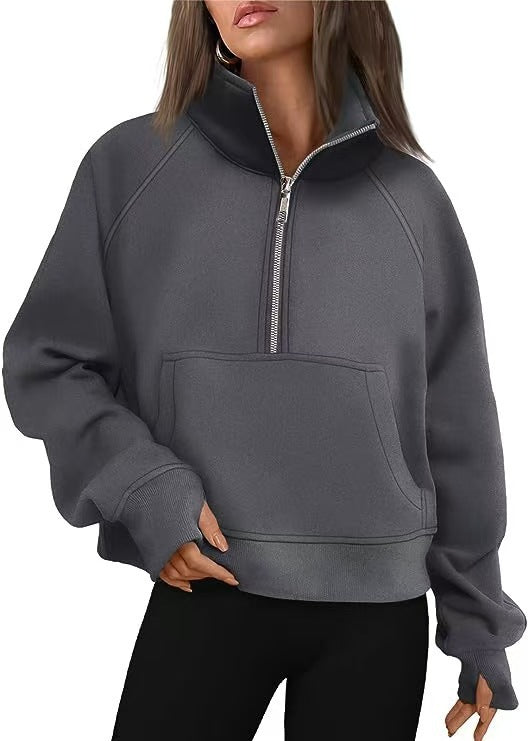 Women's Fashion Simple Half Zipper Hooded Sweatshirt Loose Sweater
