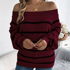 Women's Off The Shoulder Sweater - 2025 Fall Winter Striped Long Sleeve Pullover Top