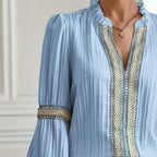 Boho Chic Colorblock Top, Women's Patchwork Blouse With V Neck And Lantern Sleeves