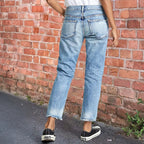 Low-Rise Cropped Boyfriend Jeans For Women, Relaxed Fit Straight Leg Denim With A Distressed Raw Hem, Casual Light Wash Pants