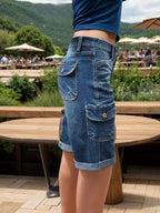Women's Mid-Rise Cargo Bermuda Shorts, Relaxed Fit Knee-Length Jean Shorts With Large Utility Pockets And A Frayed Hem, Light-Wash Denim For A Y2K Streetwear Look Forbidden Platform - Temu
