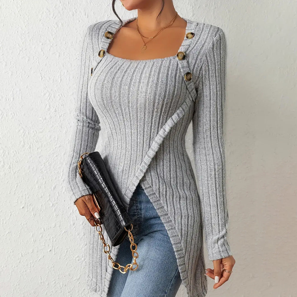 Elegant Women's Solid Color Slim-Fit Long Sleeve Top - Square Neck & Button Detail With Asymmetric Hem, Casual Fall&Spring Blouse