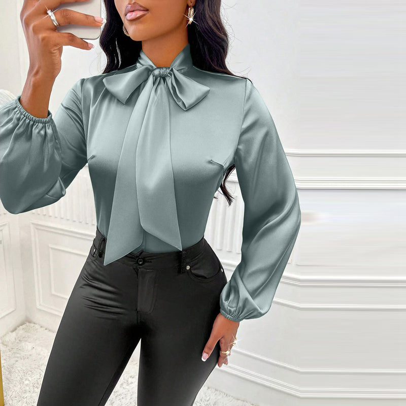 Women's Elegant Satin Blouse With Tie Neck, Ruffle Detail Long Sleeve Pullover For Spring And Fall Formal Wear