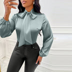 Women's Elegant Satin Blouse With Tie Neck, Ruffle Detail Long Sleeve Pullover For Spring And Fall Formal Wear