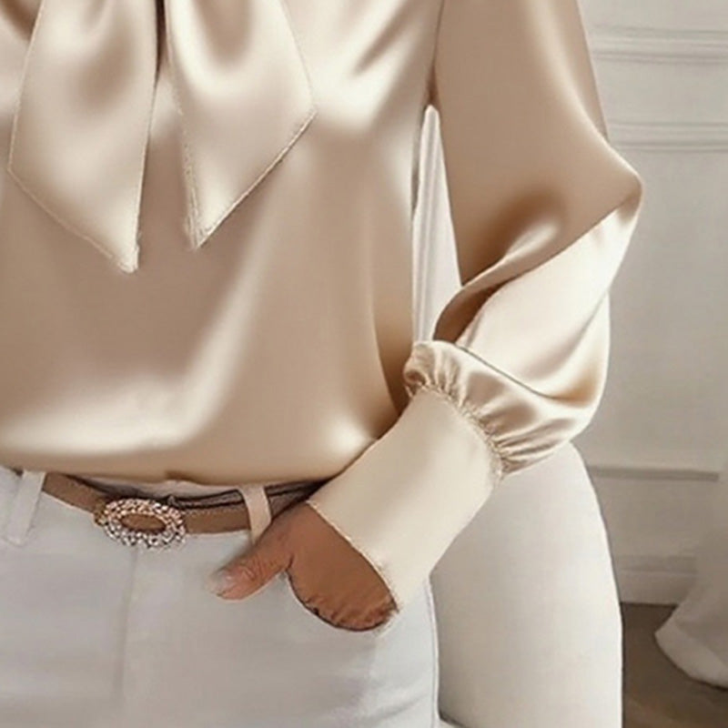 Women's Solid Color Satin Long Sleeve Casual Shirt With Bow Decor Blouse Spring Fall Daily Wear Top
