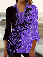 Spring And Autumn New Printed Lapel Three-quarter Sleeve T-shirt Irregular Cuff Button Top