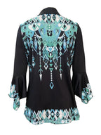 Spring Autumn New Printed Lapel Green Three-Quarter Sleeve T-Shirt Irregular Cuff Stud Button Top