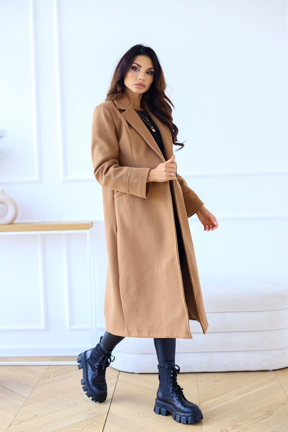 Simple Double Breasted Long Sleeve Lapel Button Woolen Coat