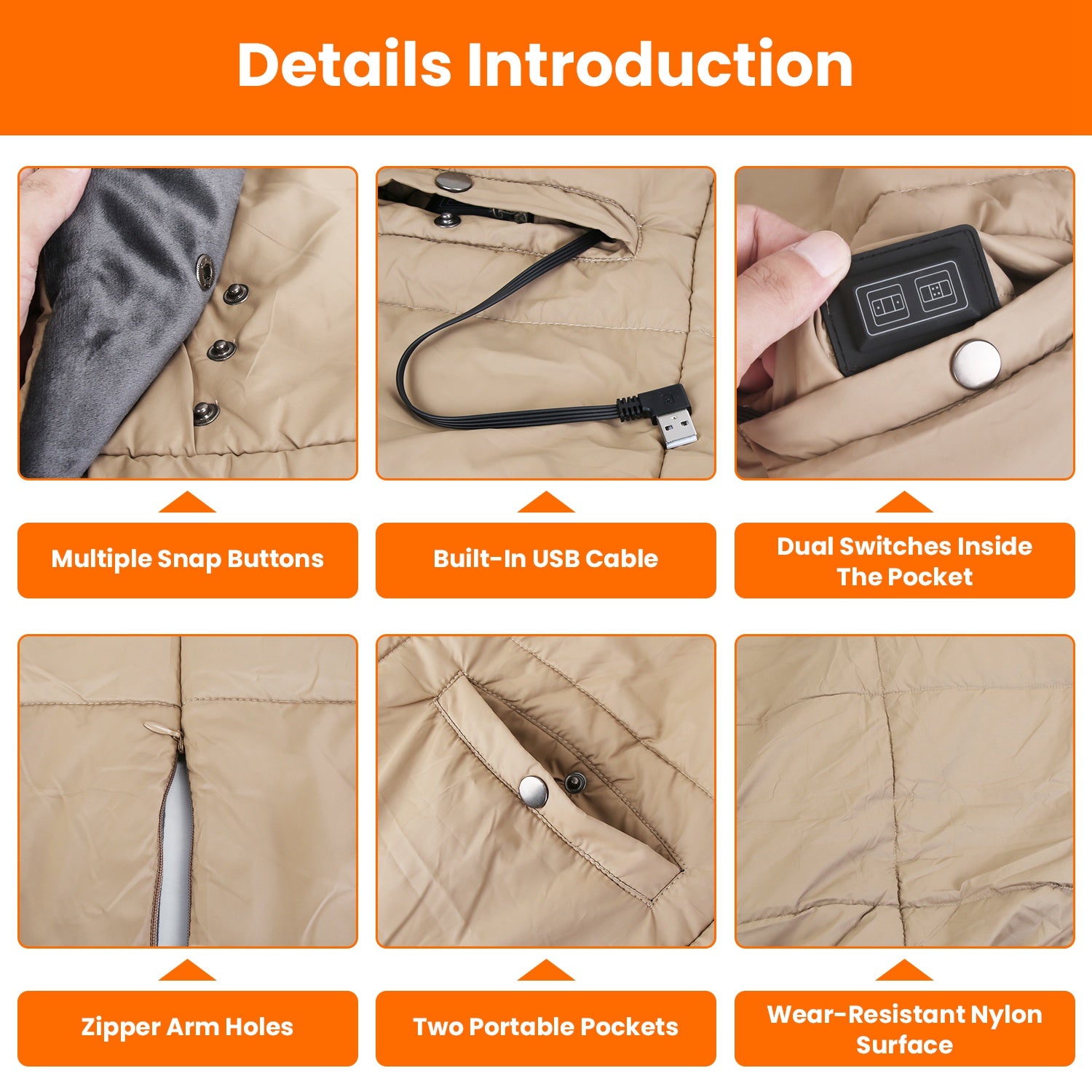 USB Heated Blanket Electric Heated Poncho Shawl Wrap Throw With Zipper Arm Holes Pocket 3 Heating Levels 6 Zones 5V 2A Machine Washable For Home Office Outdoor