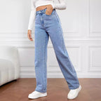 Washed Fashion Straight Jeans Women's Mid Waist