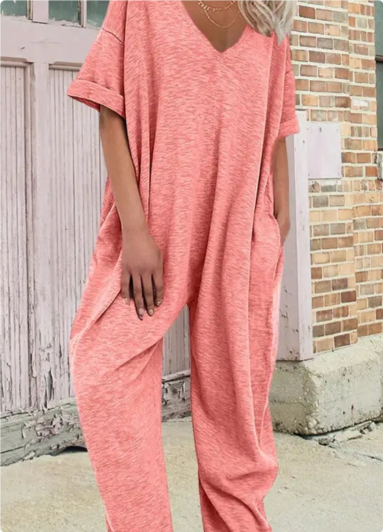Solid Color V-neck Jumpsuit Half Sleeve Ankle-tied Loose