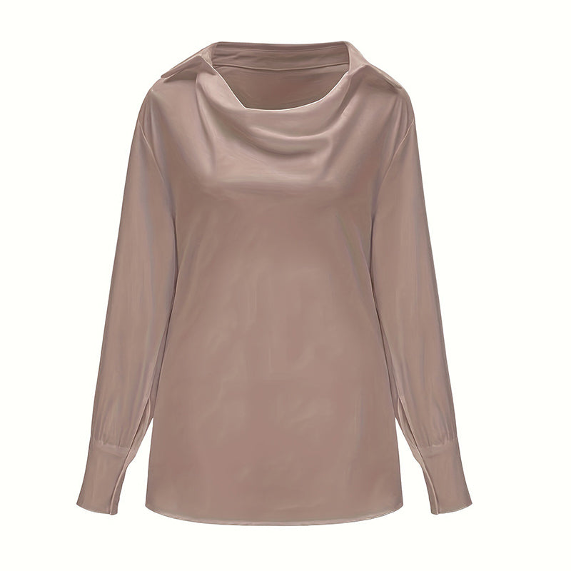 Women's Solid Color Long Sleeve Cowl Neck Blouse With Draped Detail - Elegant Office Formal Shirt For Spring&Fall