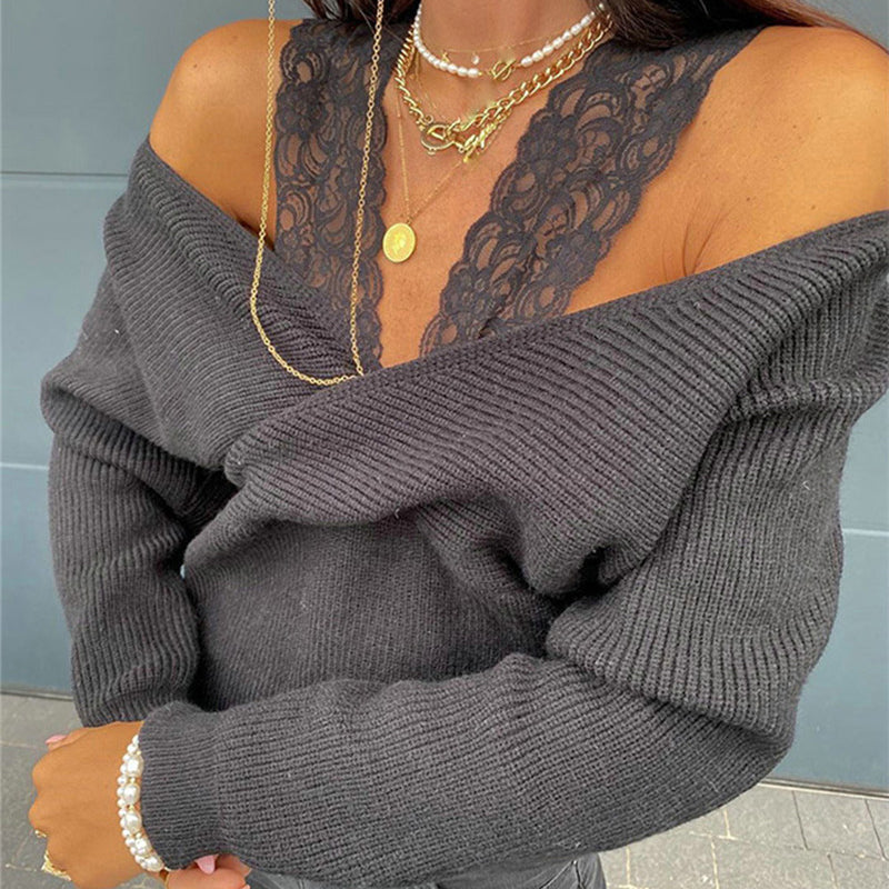 Women's Off-Shoulder Lace Trim Top, Slim Fit Long Sleeve Sexy Y2K Blouse