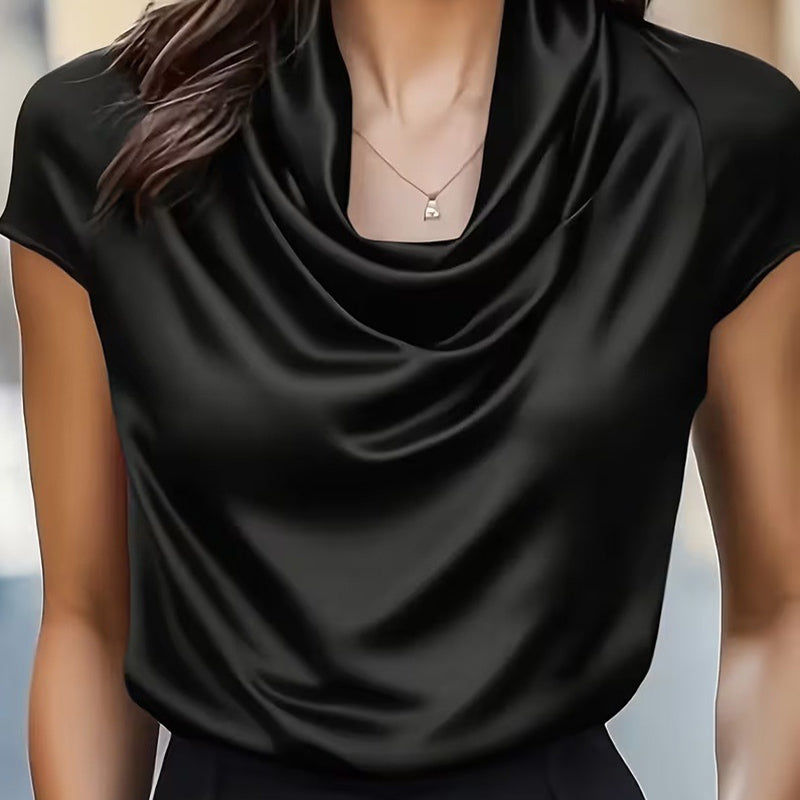 Women's Solid Color Cowl Neck Ruched Blouse, Elegant Short Sleeve Shiny Office Shirt, Wrinkle-Resistant For Wedding & Formal Occasions