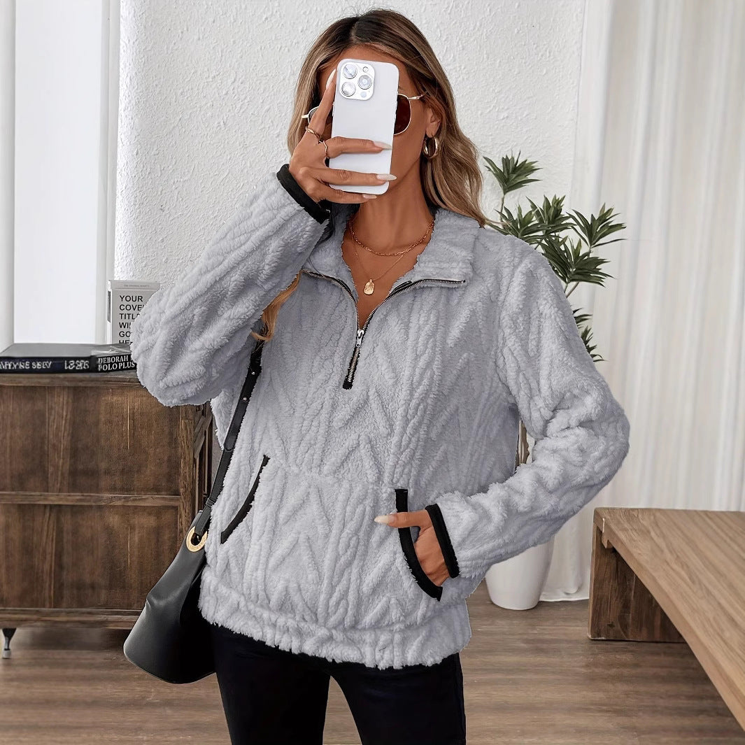 Lapel Classic Style Jacquard Half Zipper Plush Pocket For Women