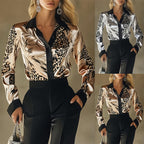 Elegant Women's Printed Satin Shirt - Lapel Collar Long Sleeve Button Down Blouse With Flowy Design