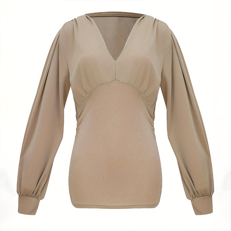 Women's Elegant Solid Color Deep V-Neck Long Sleeve Top With Draped Detail - Casual Pullover Blouse For Spring&Fall