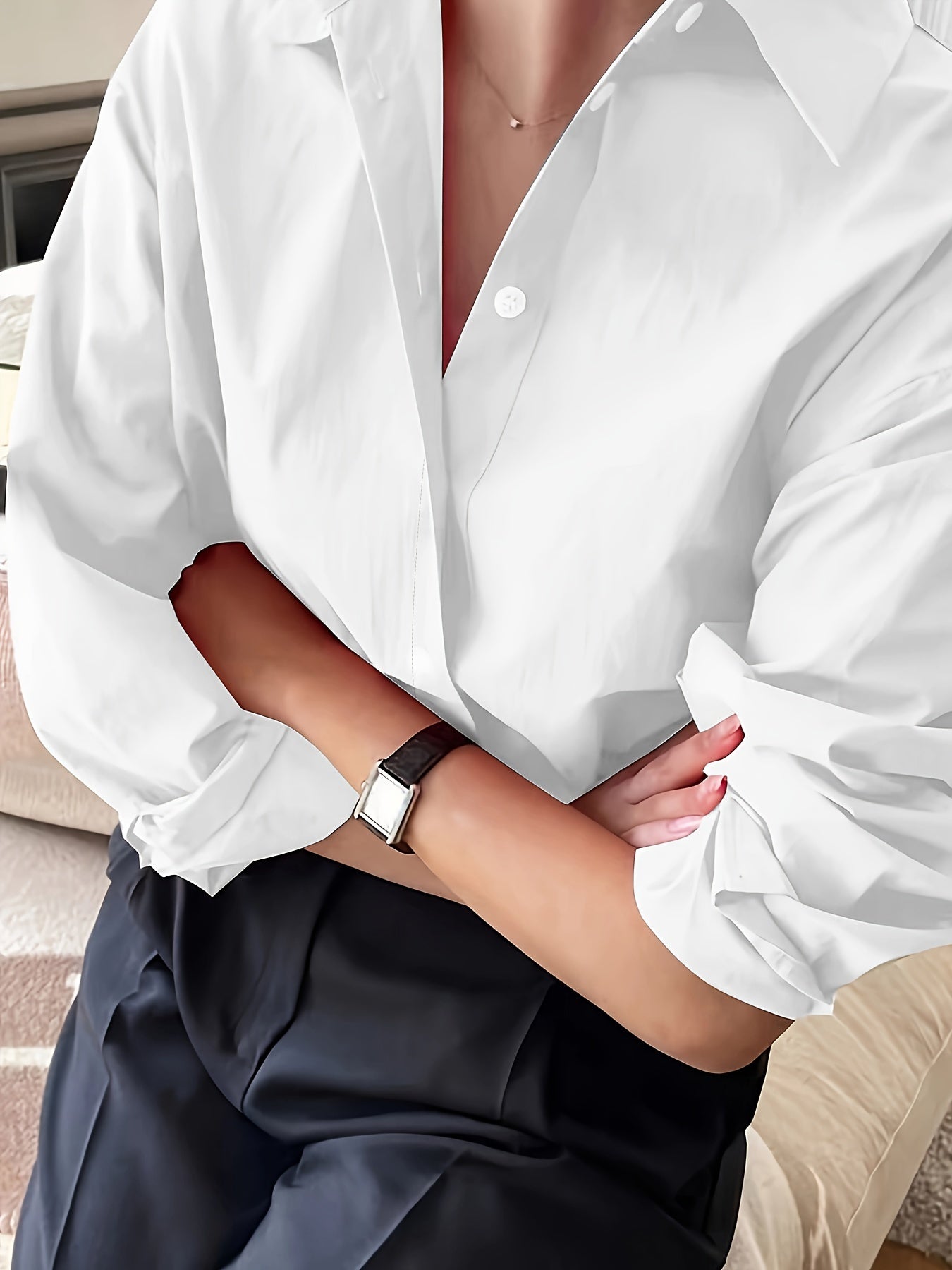 Plus Size Women's Elegant Casual Business Long Sleeve Shirt - Classic Collar Button-Up Blouse, Solid Color Non-See-Through Fabric,