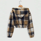 Women's Elegant Plaid Hooded Jacket, Full-Zip Lightweight Coat For Winter Casual Wear