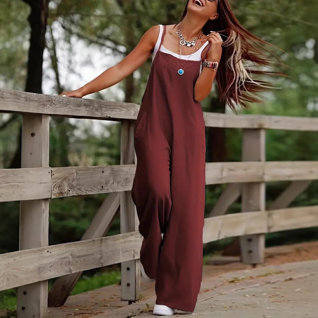 Women's Dark Green Casual Suspender Wide-leg Jumpsuit