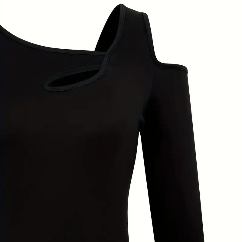 Women's Cut Out Off Shoulder Top - Long Sleeve Plain Tee For Holiday, Spring & Autumn