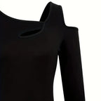 Women's Cut Out Off Shoulder Top - Long Sleeve Plain Tee For Holiday, Spring & Autumn