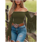Women's Western Cowgirl Off-Shoulder Fringe Top, Sexy Slim Fitted Long Sleeve Tassel Blouse