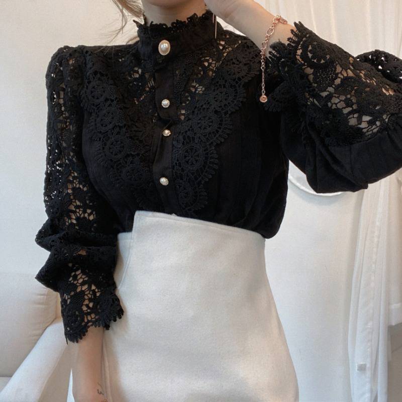 Design Style Blouse Lace Stand-up Collar Long-sleeved Shirt Women