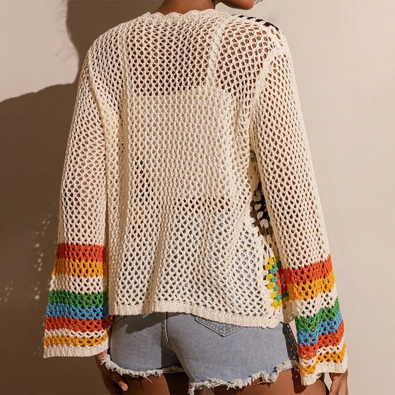Women's Elegant Crochet Cardigan - Long Sleeve Open Front Vibrant Color Block Coat